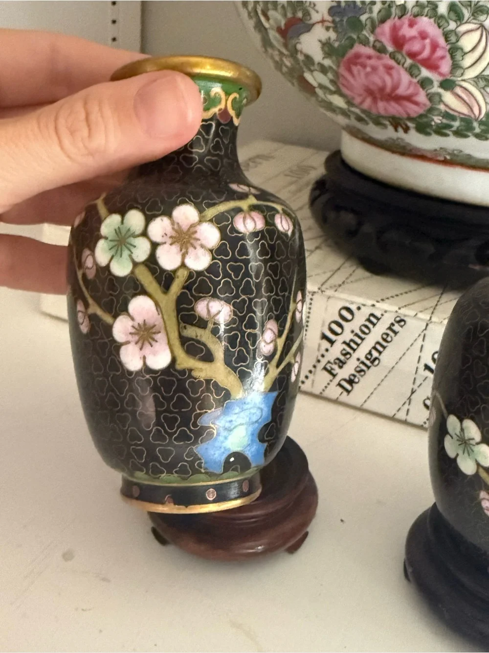Vintage Black Cloisonné Floral Mini Vases - Pair mirrored - Picture 3 of 6